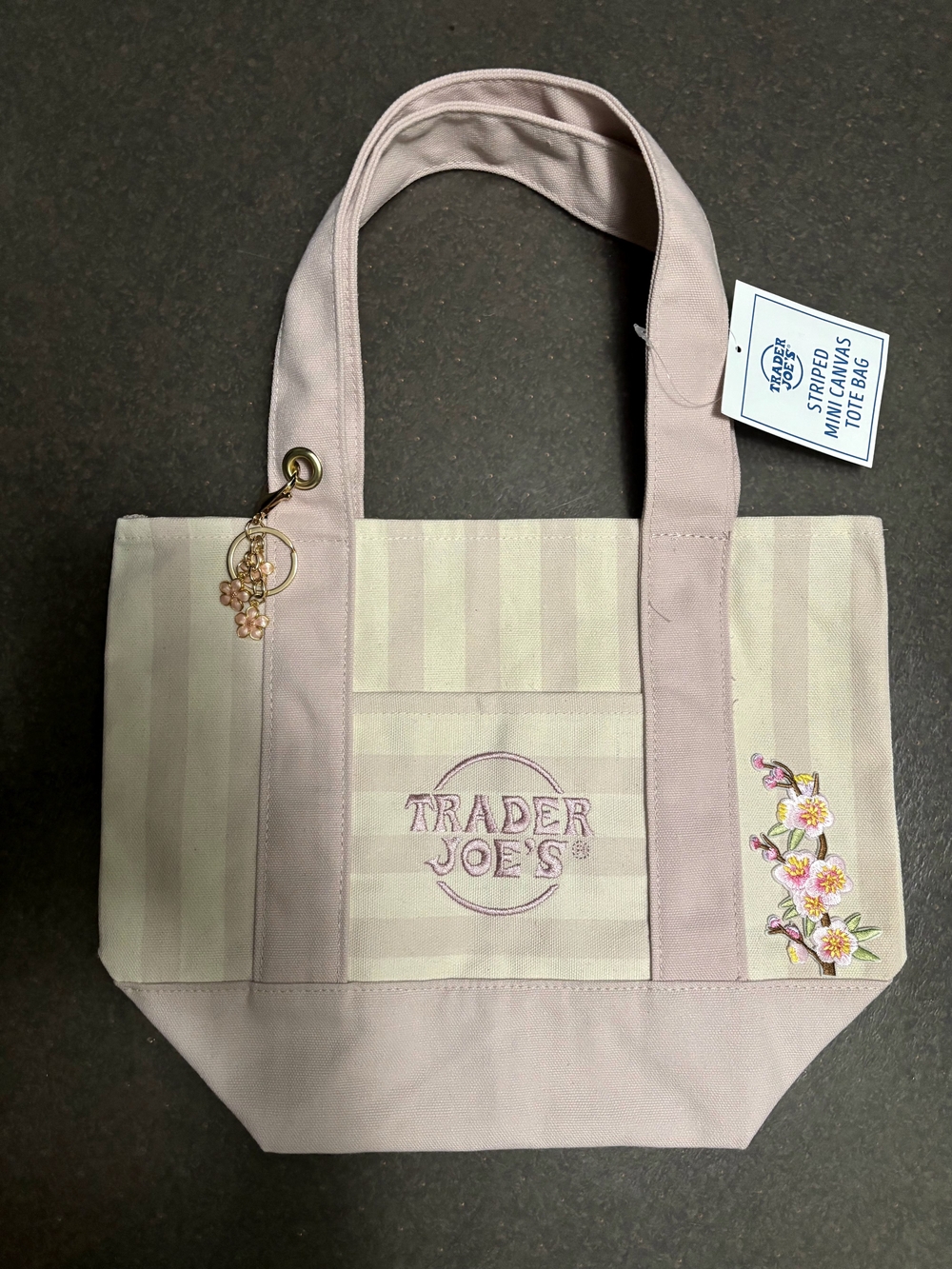 NWT-Pink Stripe Trader Joe's Tote Bag with Floral Embroidery